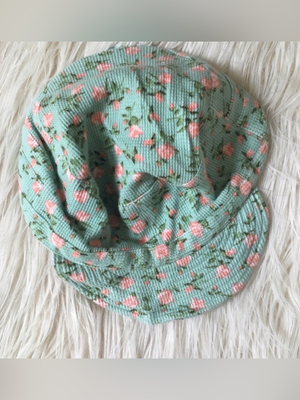 Urban Outfitters Mint Green Floral Corduroy Bucket Hat with Pink Roses